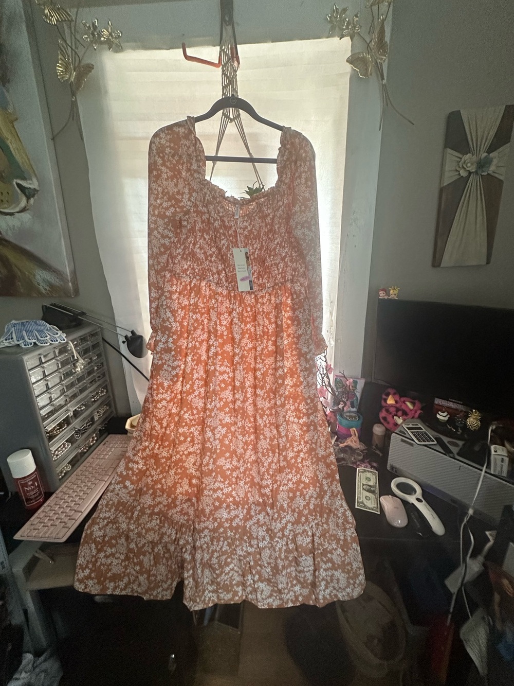 Orange Floral Puff-Sleeve Maxi Dress with Smocked Bodice